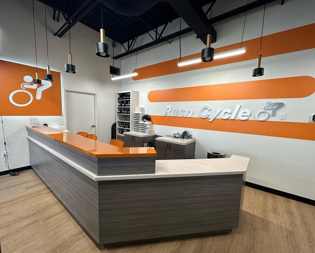 Commercial reception counter with an orange laminate top